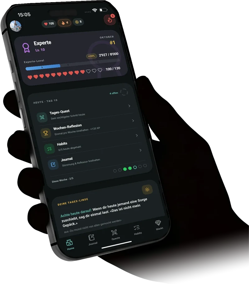 Eine Hand hält ein iPhone mit dem Startbildschirm der App Go & Grow